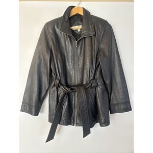 Valerie Stevens Black Belted Tie Lambskin Leather Jacket Collared Size Large